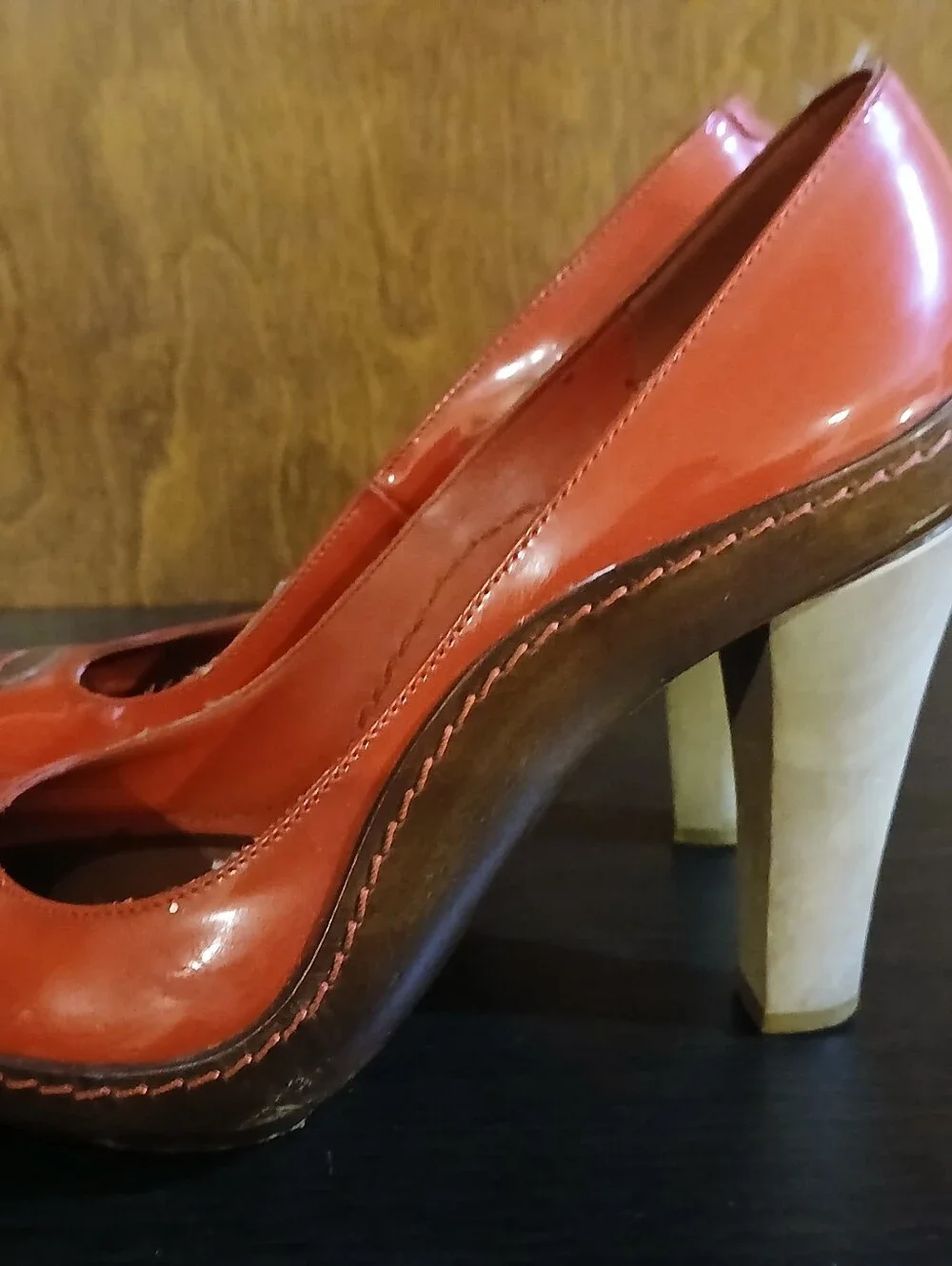 vintage CELINE red & brown patent leather wood heels
